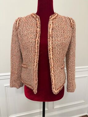 it MICHAA Pink Brown Tweed Blazer Jacket Open Front Raw Hem Korean Fashion